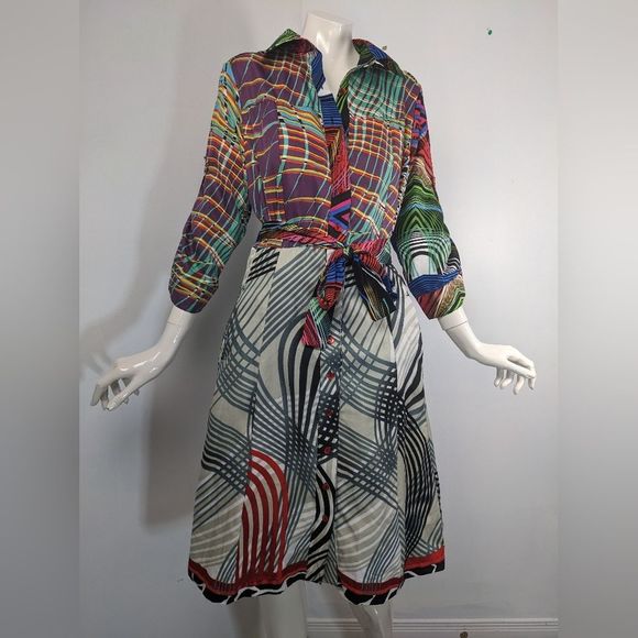 Desigual Shirt dress, vibrant print dress with pockets stripes size large - Picture 4 of 10